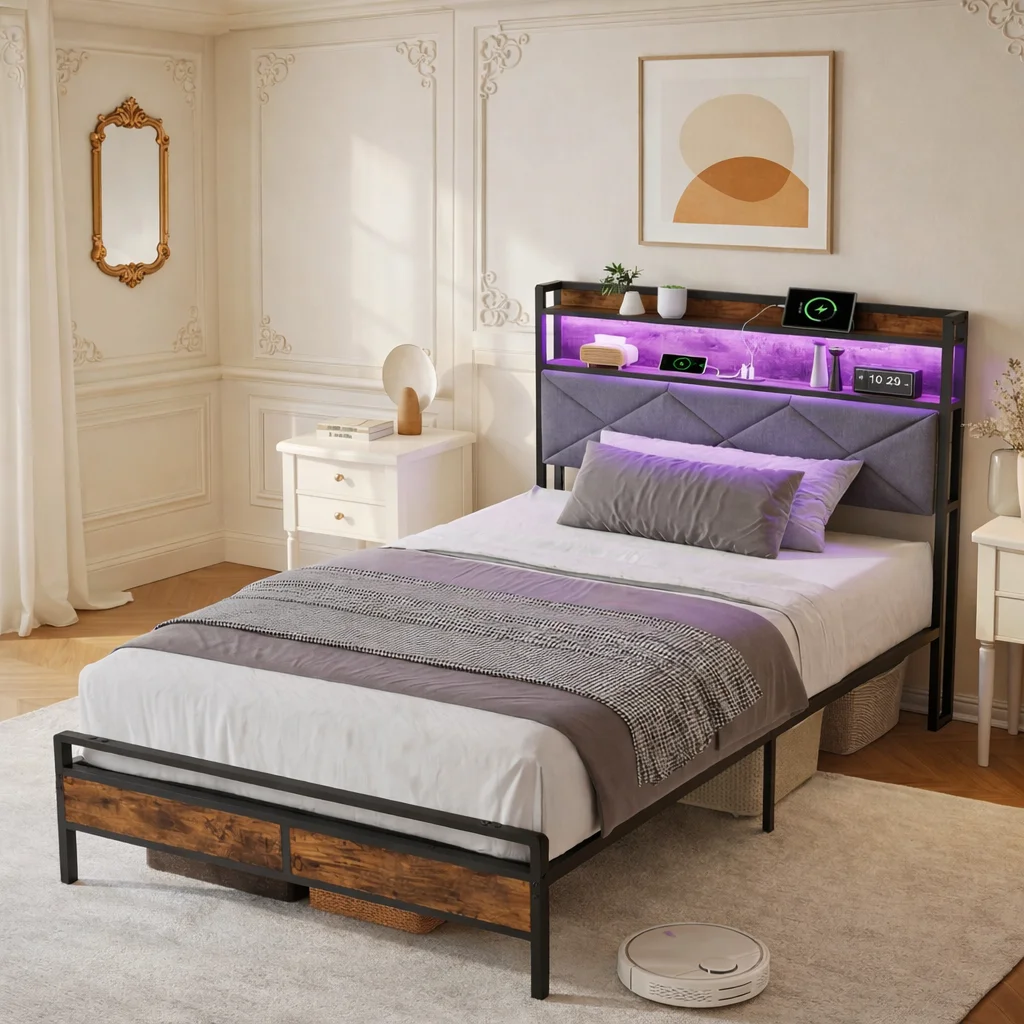 Cama 90x200 cm tapizada con luces LED y puertos USB, cama individual con almacenamiento y somier metálico reforzado, estructura cama moderna dormitorio juvenil niños invitados gris