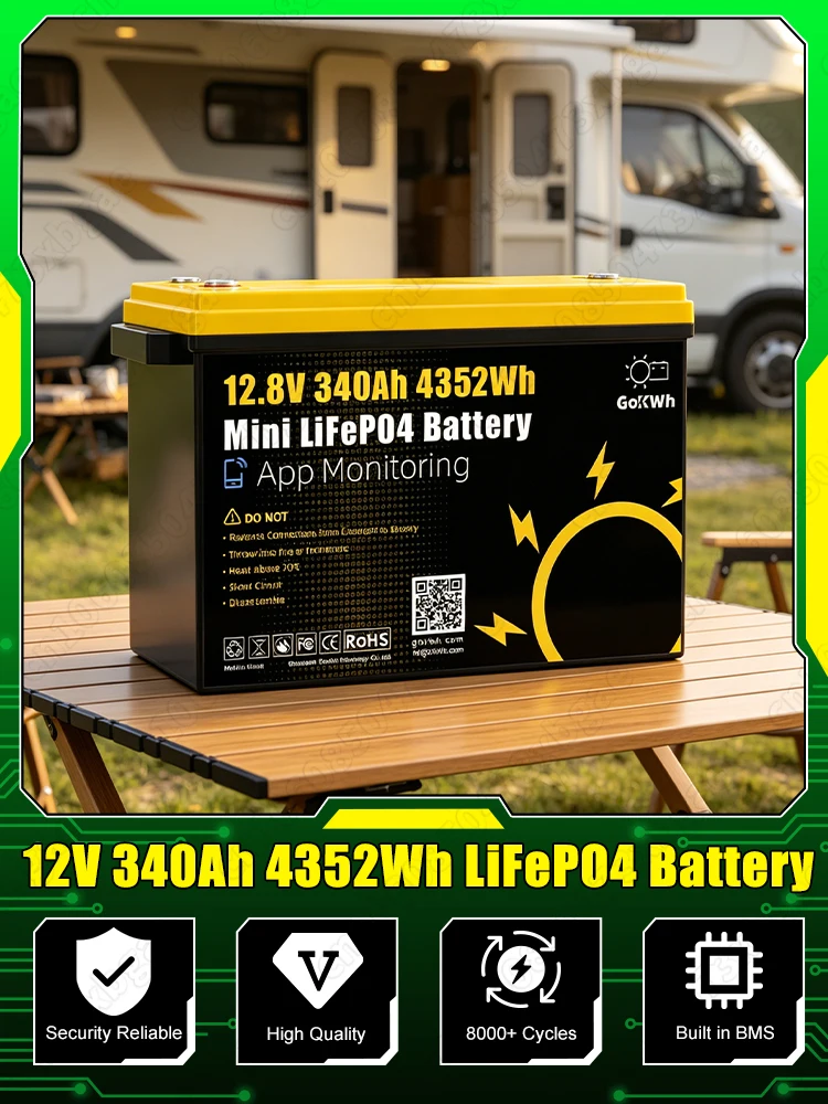 Brandneue 12V 100AH 340Ah Lifepo4 Batterie Klasse A 12,8V Lithium-Eisenphosphat Wiederaufladbarer Akkupack mit APP-Steuerung Hohe Kapazität Sicherheit für Wohnmobil-Solarenergiespeichersystem Schnelle