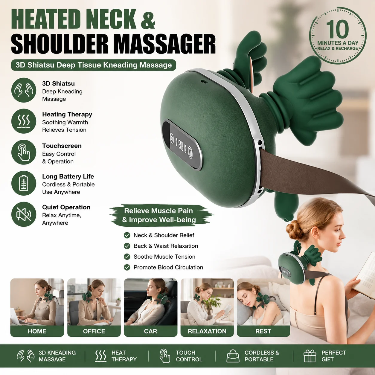 Beheiztes Nacken- und Schultermassagegerät mit Touchscreen-Steuerung, 3D-Shiatsu-Tiefengewebemassagekissen für Nacken, Rücken, Schultern, Wärmetherapie, elektrisches Massagegerät zur