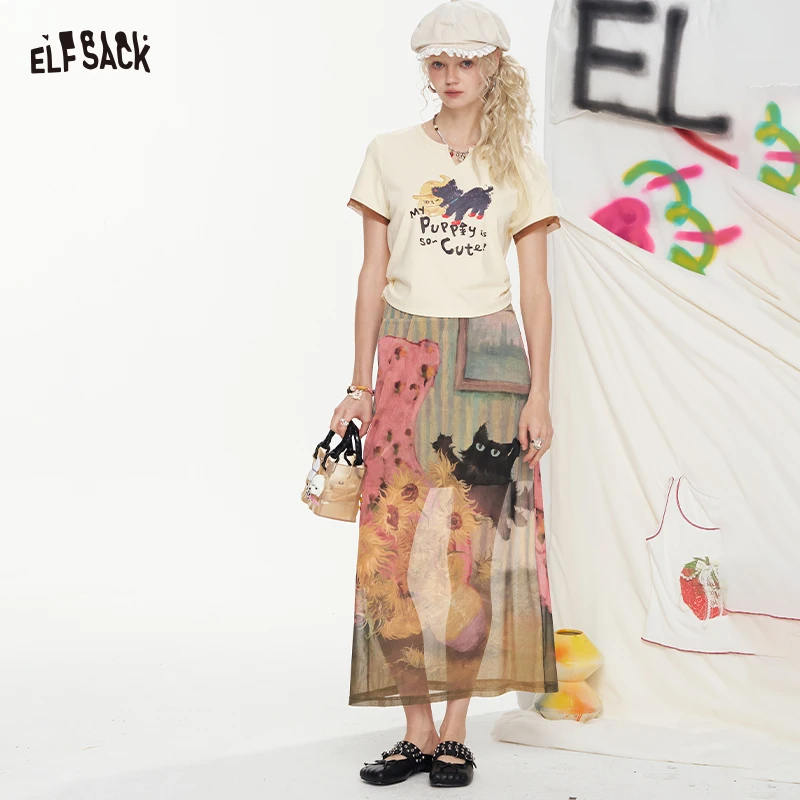 

Женская художественная сетчатая юбка миди ELFSACK, с принтом подсолнухов в стиле ретро-живописи, эстетичная длинная многослойная юбка с изображением черной кошки в стиле кавайи