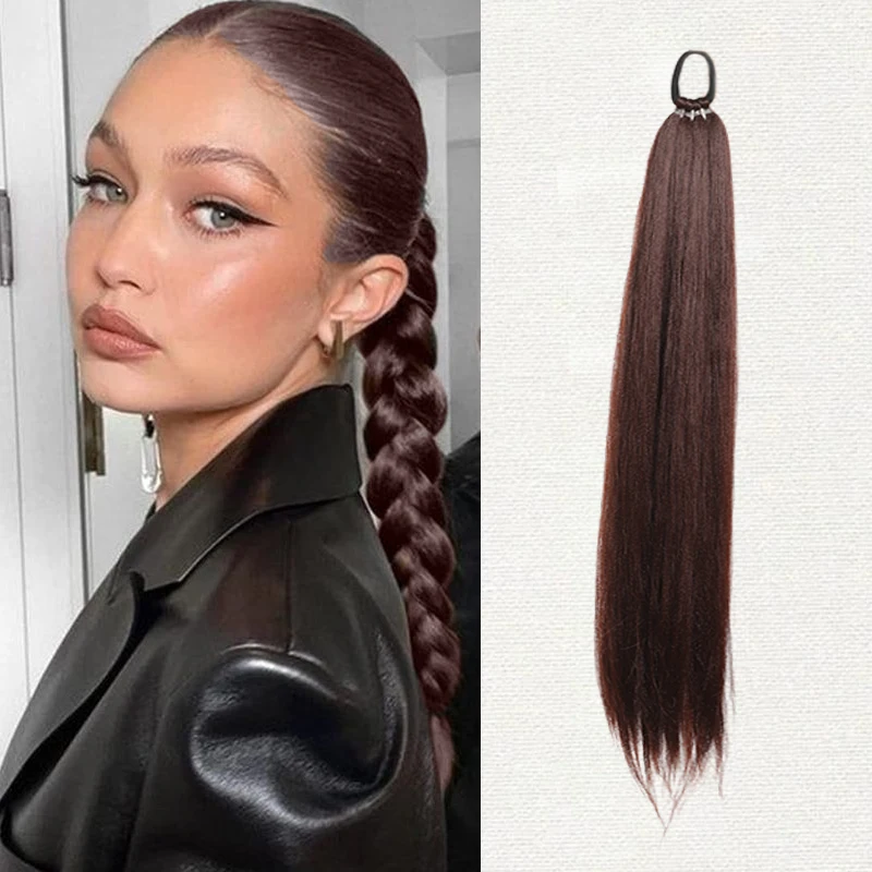 

28 InchBraided Elastic Band Ponytail WIg With Fluffy Hair Extension Soft Synthetic Hairpiece for women daily and party use