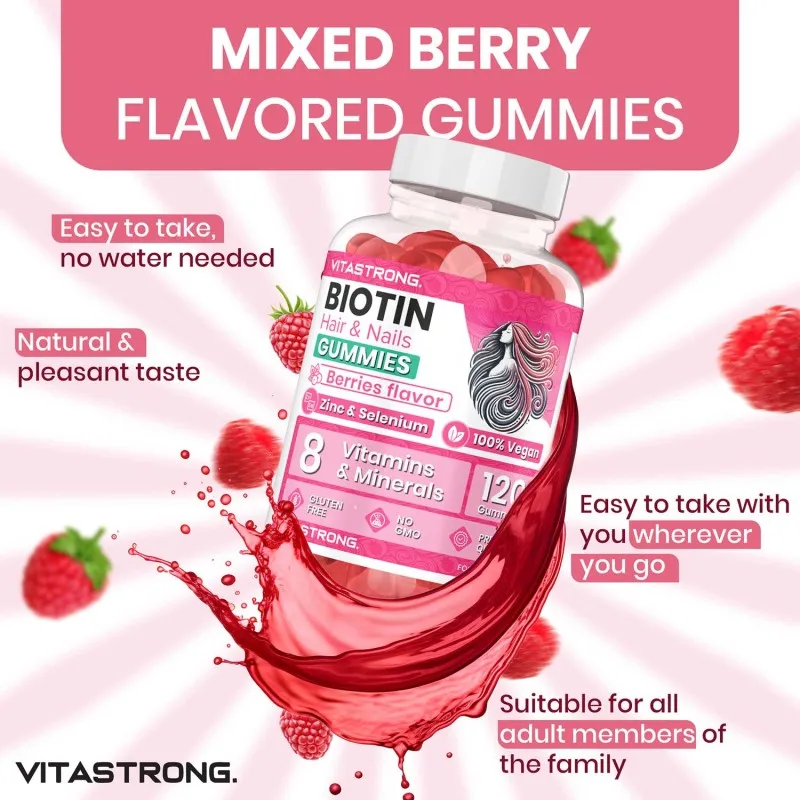 مركب فيتاسترونج بيوتين عالي الجرعات 100% نباتي - 120 علكة بيوتين للشعر والبشرة والأظافر مع الزنك والسيلينيوم وفيتامين C وفيتامين E وفيتامين ب6، يوديد البوتاسيوم يوديد الصحة ويقلل من التعب
