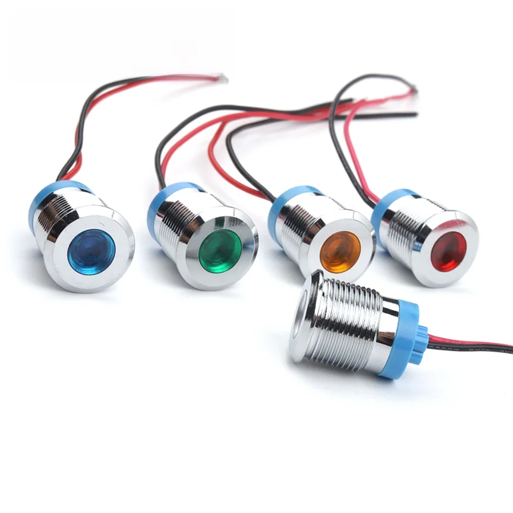 Voyant LED en métal étanche avec fil, lampe de signalisation, lumières rouges, jaunes, bleues, vertes, blanches, 12mm, 6V, 12V, 24V, 110V, 220V