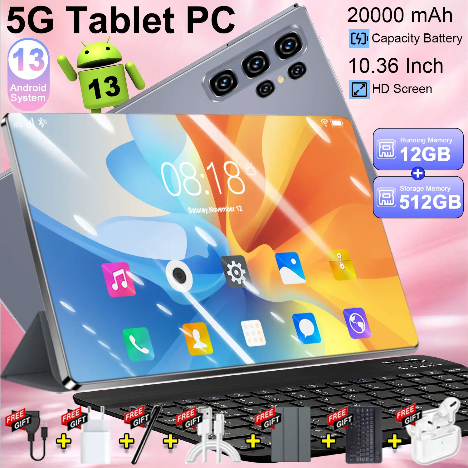 Nouvelle tablette mondiale 5G 2026, 12 Go 512 Go, 10,36 pouces, 14 cœurs, Android 13, 4K HD, 5G WIFI, Bluetooth, WPS, 20000 mAh.