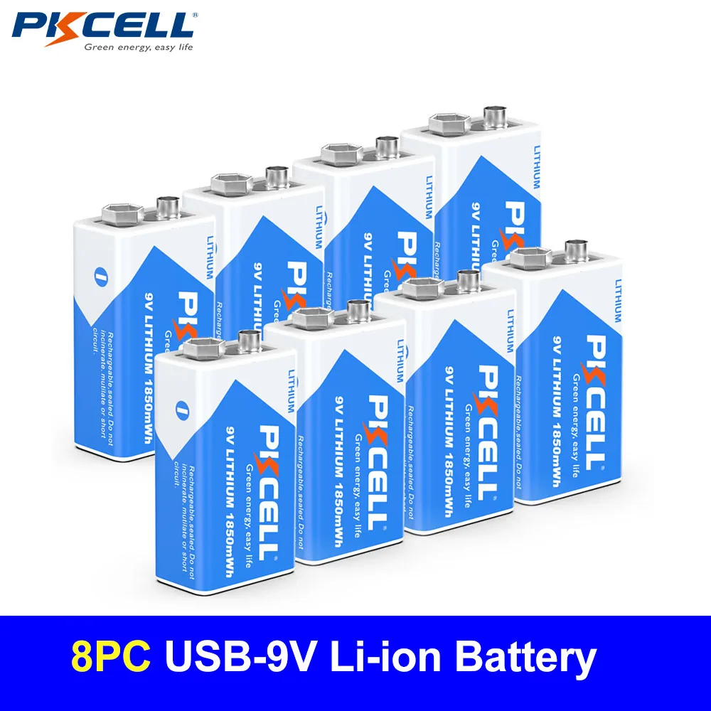 

PKCELL 8PC High-Performance 6F22 9V Lithium-ion Rechargeable Battery 1850mWh for Smoke Detectors Wireless Devices Toys