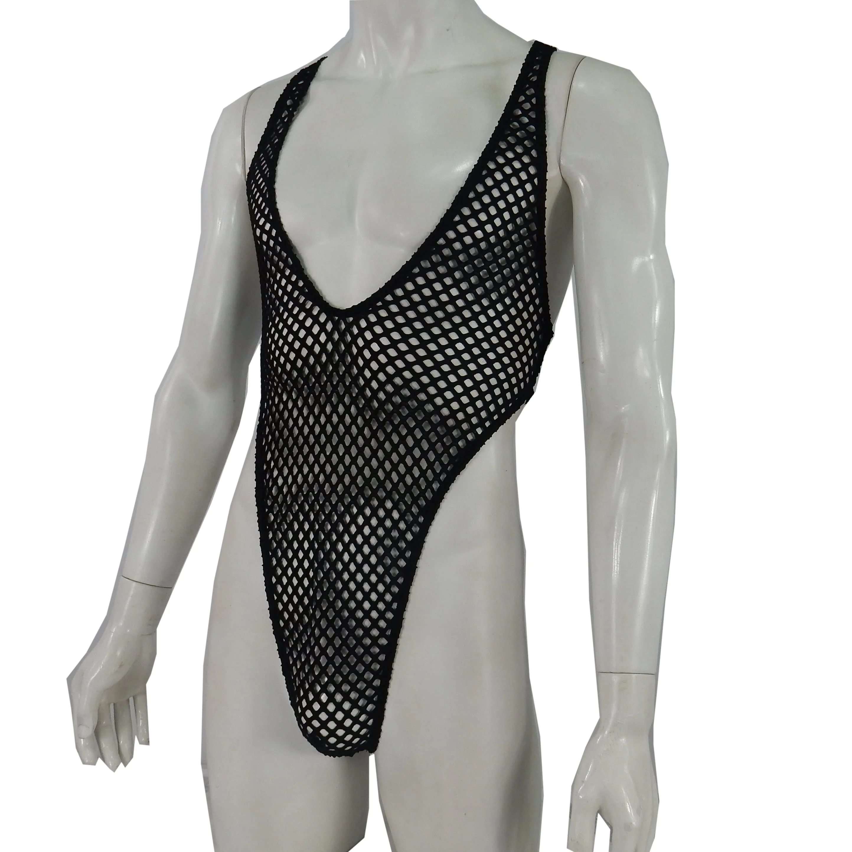 

Mens Thong Back Bodysuit Stretchy High Cut Racer Back G1299 Big Net C-thru