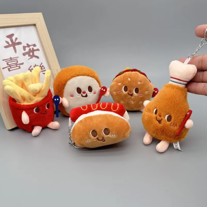 Cute Cartoon Burger Hot Dog Chicken Leg Pendant, French Fries Plushy, Machine Doll Bag, Mochila Pendurada Chaveiros, Acessórios