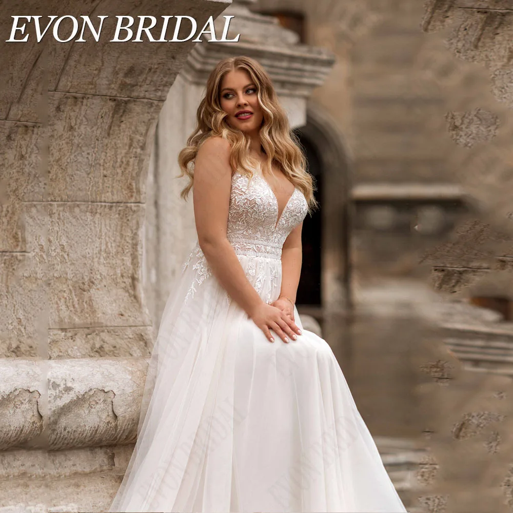 EVON BRIDAL Boho vestido de noiva sem mangas Plus Size Duplo V-Neck Backless Applique Tulle EVON BRIDAL Boho Vestido De Noiva Sem Mangas Plus Size Duplo V-Neck Backless Applique Tulle A Linha De Noiva Vestidos de noiva