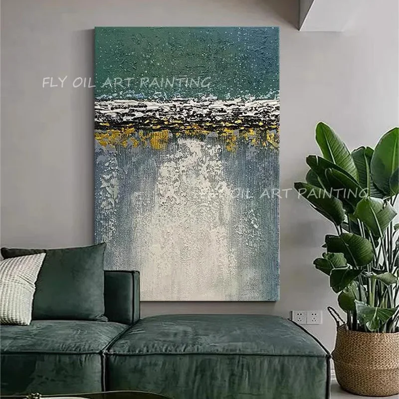 

Large Size Gold Foil Green Gray Landscape Hand Painted Canvas Oil Painting Abstract Wall Nordic Art Home Decor For Room No Frame