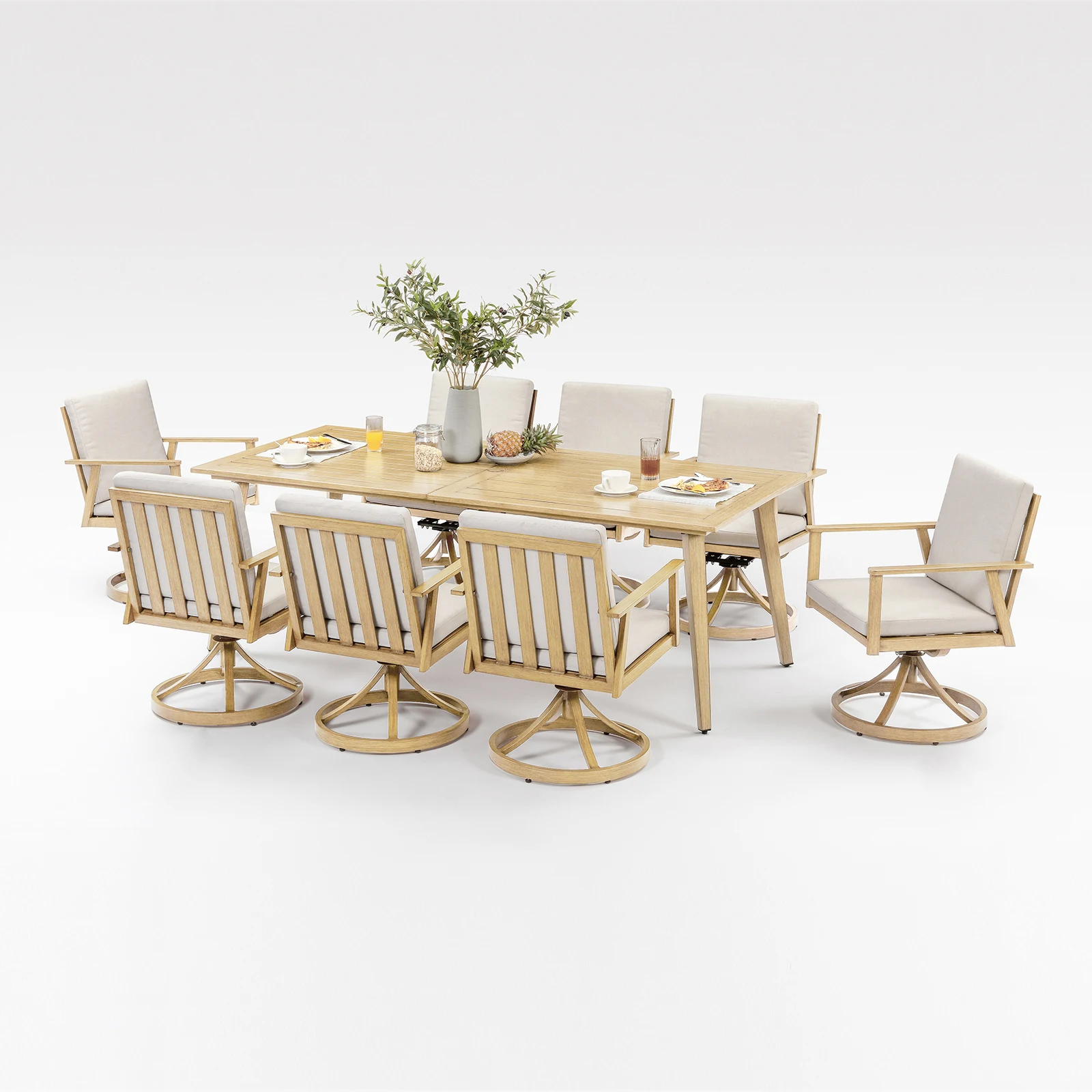 

SeeHill Поворотный обеденный набор для патио из 9 предметов, 8 алюминиевых вращающихся стульев со столом, уличная мебель из кленового дерева для террасы, сада