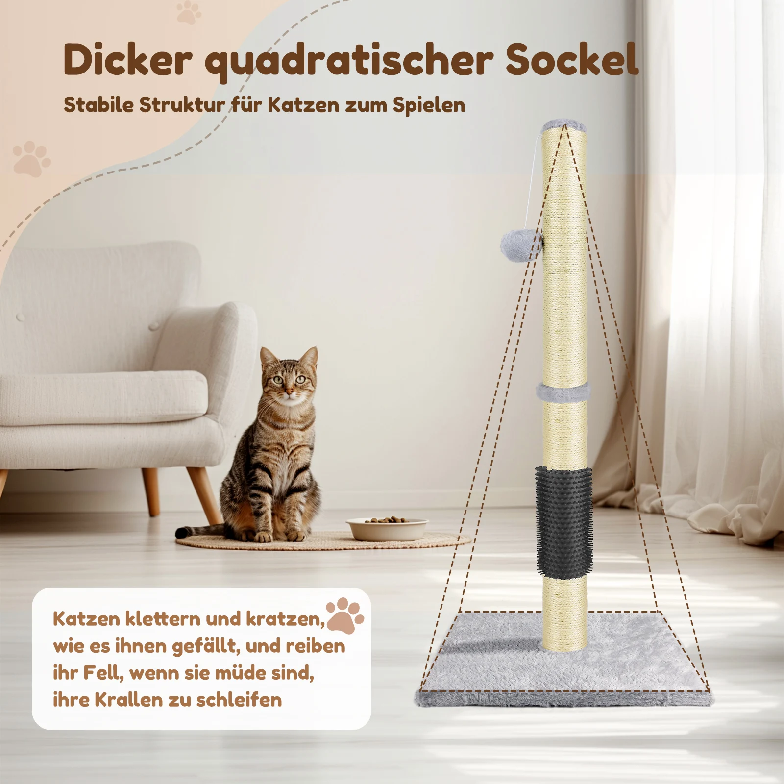 Arbre à gratter pour chat de 32 pouces, pour chat d'intérieur et chaton, avec tige en sisal naturel et base en peluche douce, jouets suspendus de 40 cm x 40 cm, protection des meubles et jeu vertical pour le soin des griffes, 80 cm