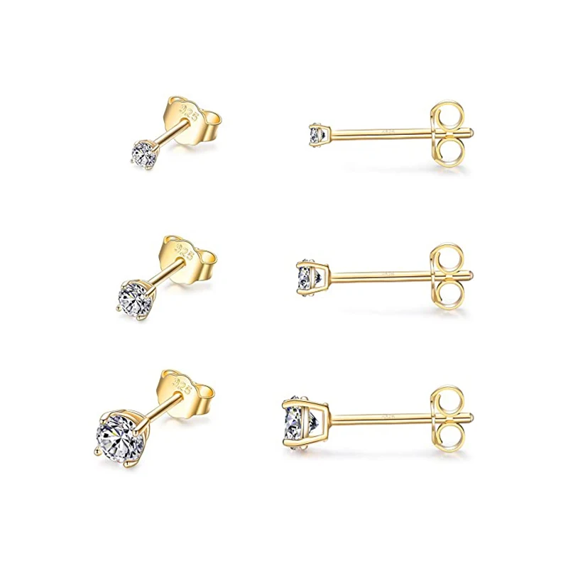 Aide 3PCS 2mm 3mm 4mm 925 Sterling Silver Ins Zircon Stud Earrings 18k Gold Mini Minimalism Earrings Fine Jewelly Party Gift