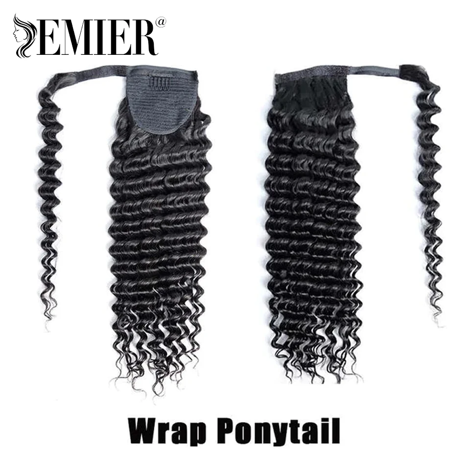 Queue de cheval bouclée Deep Wave avec clip, cheveux humains brésiliens, queue de cheval ronde, noir naturel, extrémité complète, Wstring de proximité, 12 "-26"