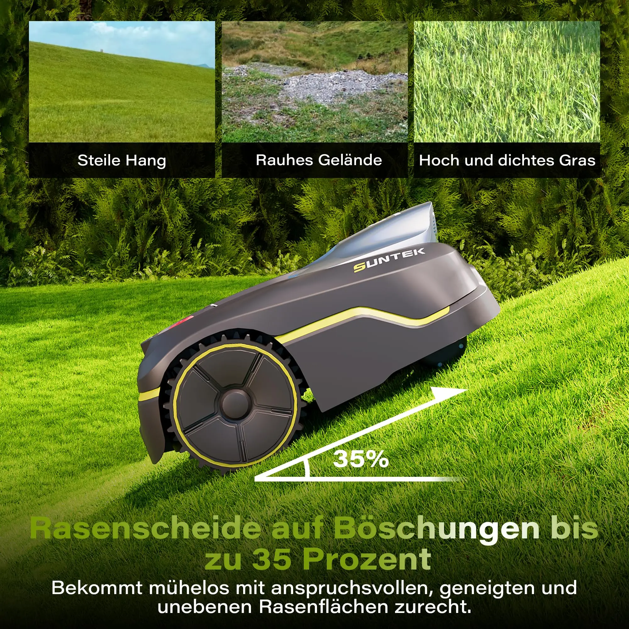 SUNTEK robot lawn mower without boundary wire AI Vision camera, Max 600 m², precise obstacle avoidance, IPX5 water protection,