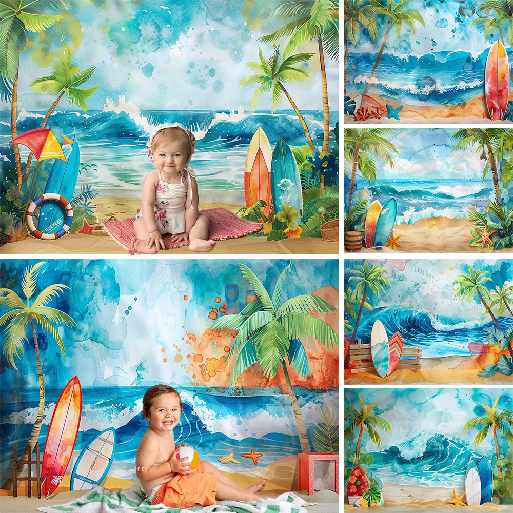 

Surf Baby Cake Smash Photography Background Blue Watercolor Waves Palm Trees Beach Backdrop Kids Birthday Photo Studio Photozone