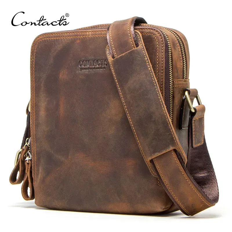 Torba męska CONTACT'S z prawdziwej skóry, vintage, na ramię, typu messenger, na iPada Mini 7,9 cala, wysokiej jakości torba crossbody dla mężczyzn.