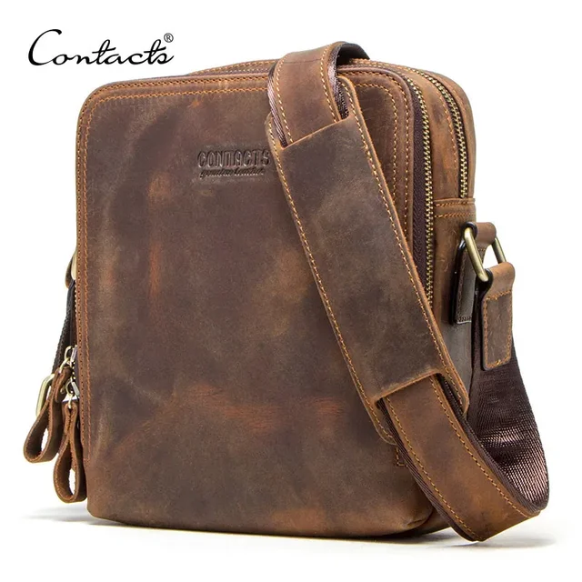 Torba męska CONTACT'S z prawdziwej skóry, vintage, na ramię, typu messenger, na iPada Mini 7,9 cala, wysokiej jakości torba crossbody dla mężczyzn.
