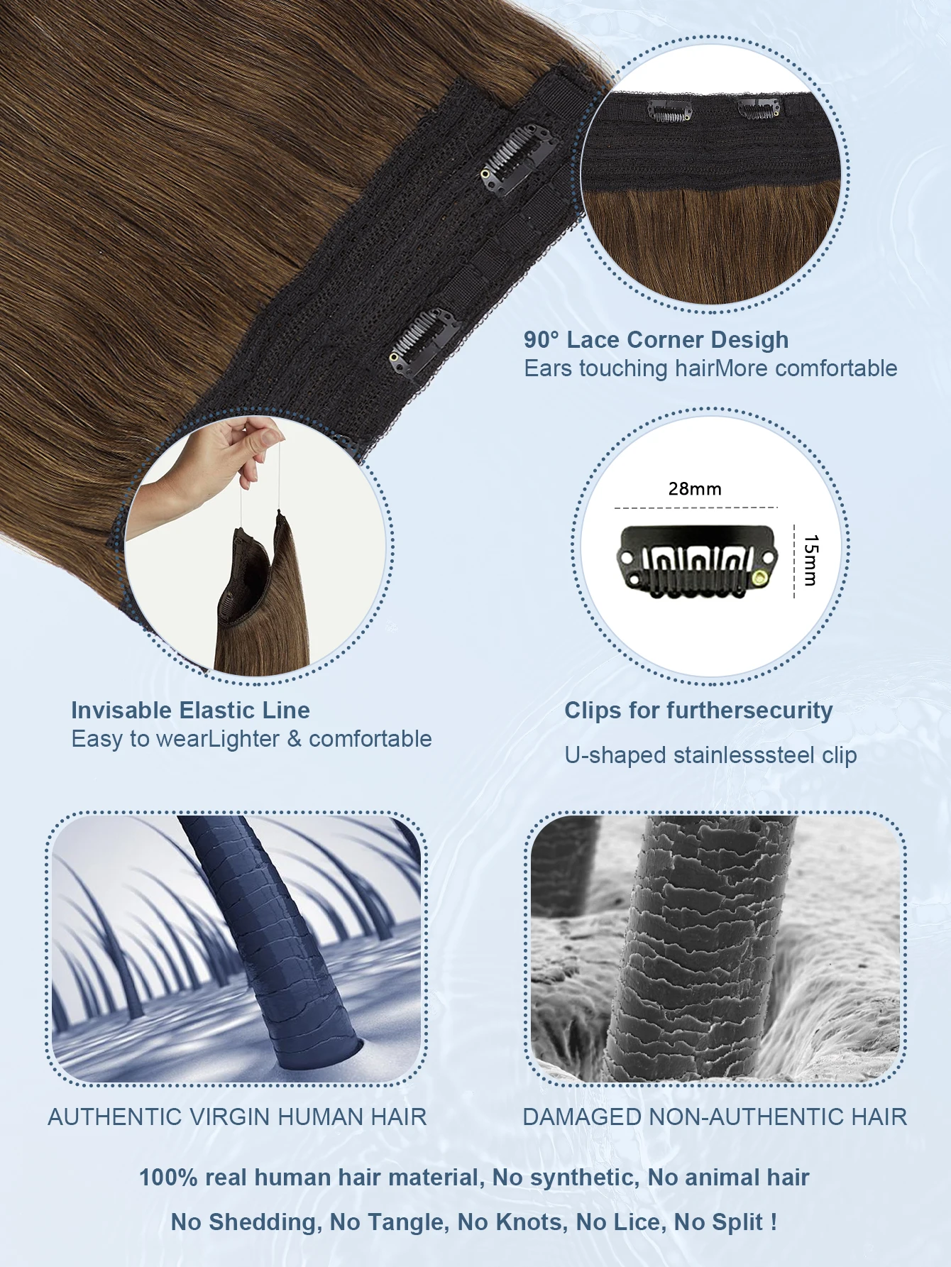 보이지 않는 헤일로 헤어 익스텐션 진짜 인모 피쉬 와이어 조절 가능한 밴드 비밀 클립인 익스텐션 여성용 초콜릿 브라운