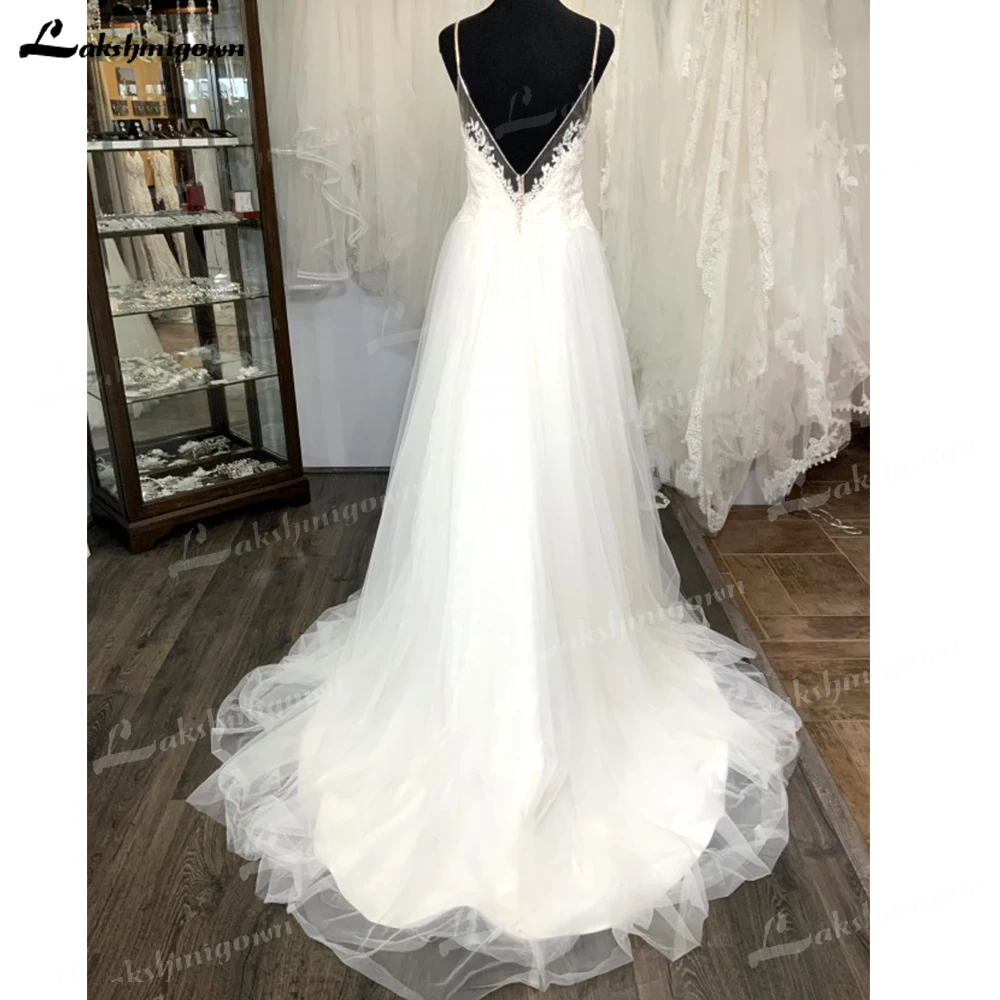 Tule elegante a linha vestido de casamento cintas de espaguete com decote em v vestido de noiva apliques de renda até o chão feito sob encomenda vestido de noiva