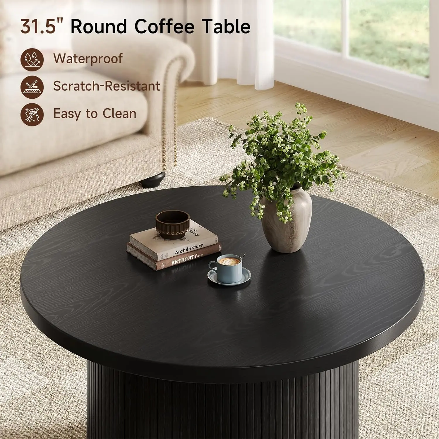 31.5" Modern Round Coffee Table Mid Century, Fluted Tambour Drum Design Engineered Wood Small Center Table for Living Room, Black