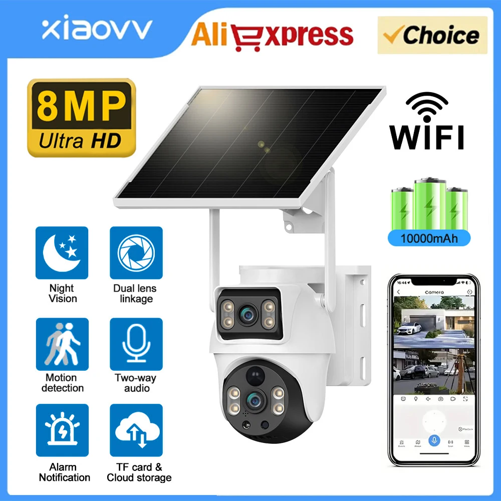 WiFi Solar Camera Dual Lenses Outdoor 8MP 4K Low Power Battery IP Camera PIR Night Vision V380 Pro CCTV Security Camera