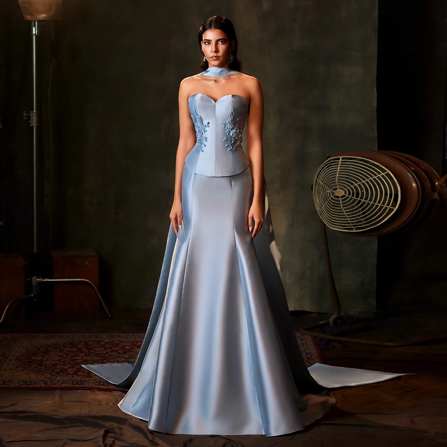 

Sharon Said Sophisticated Blue Satin Mermaid Evening Dress with Scarf 3D Flowers Embroidery Wedding Party Gowns SS245 Customized
