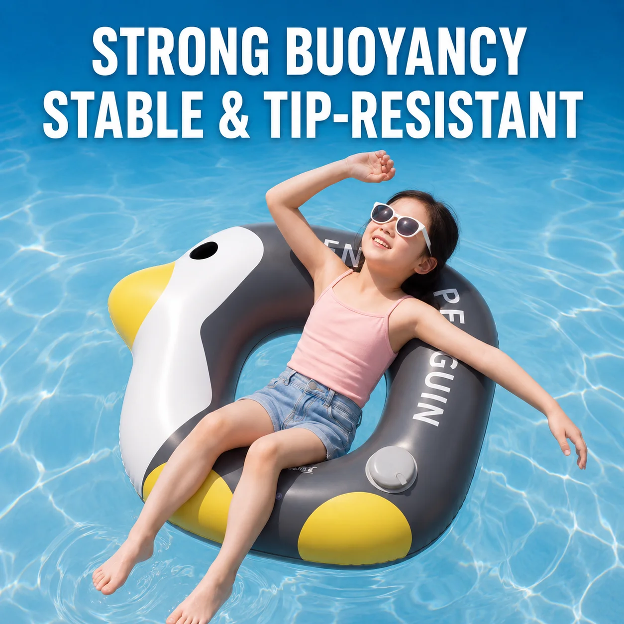 1PC Inflatable Swim Ring with Built-in Pump, Stable Floating Pool Floats, Quick Inflation Leak-Proof Duck Penguin Shape Ring