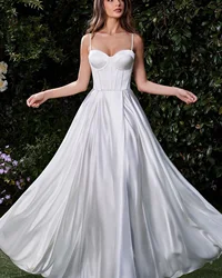 Classic Off White Satin A-line Bustier Prom Dress Delicate thin straps Bridesmaid Dress with Leg Slit Gala Formal Evening Dress