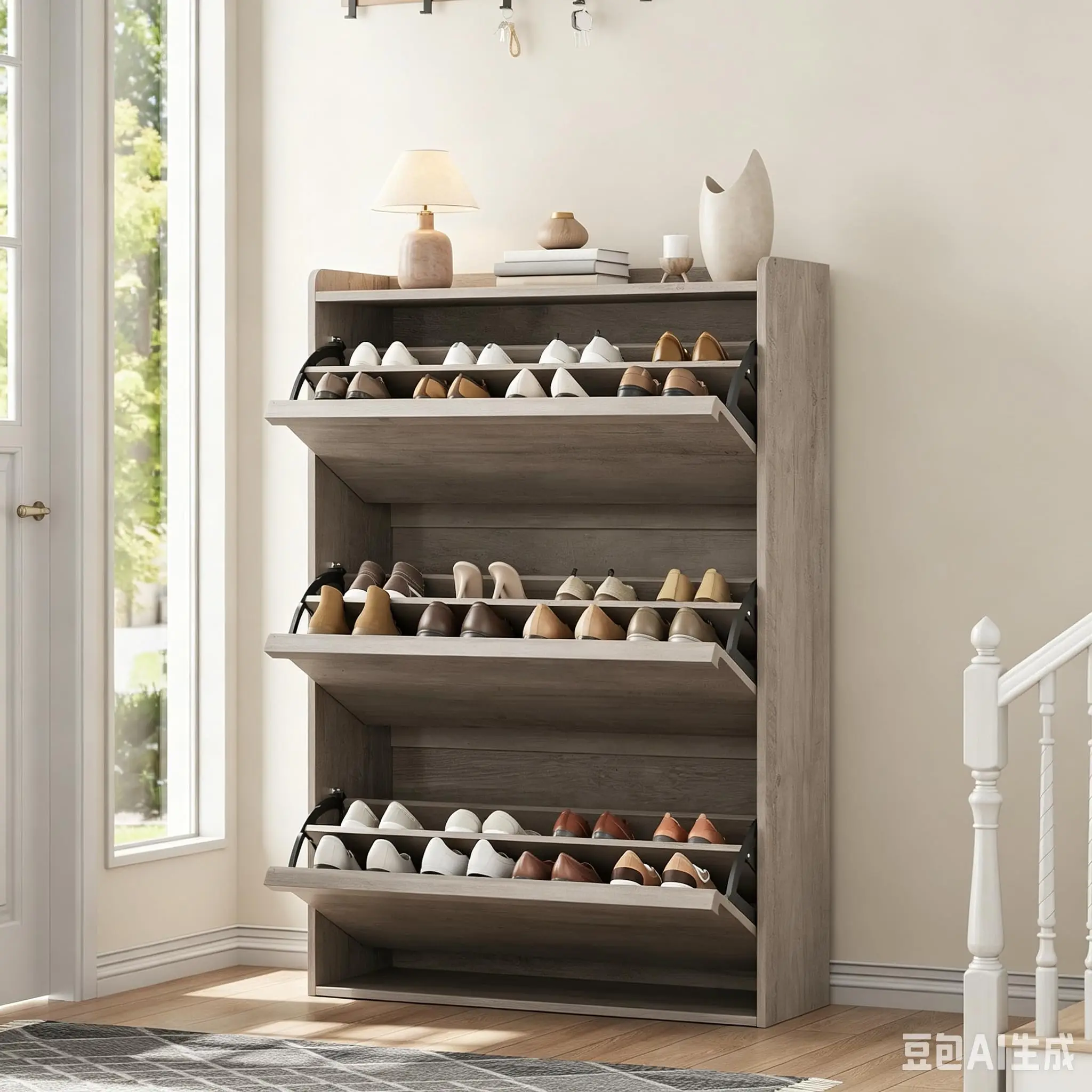Mobiletto porta scarpe stretto con 3 cassetti a ribalta, scaffale salvaspazio con ripiani regolabili, vano contenitore nascosto, mobiletto porta scarpe per corridoio, ingresso, 80 x 26 x 117 cm.