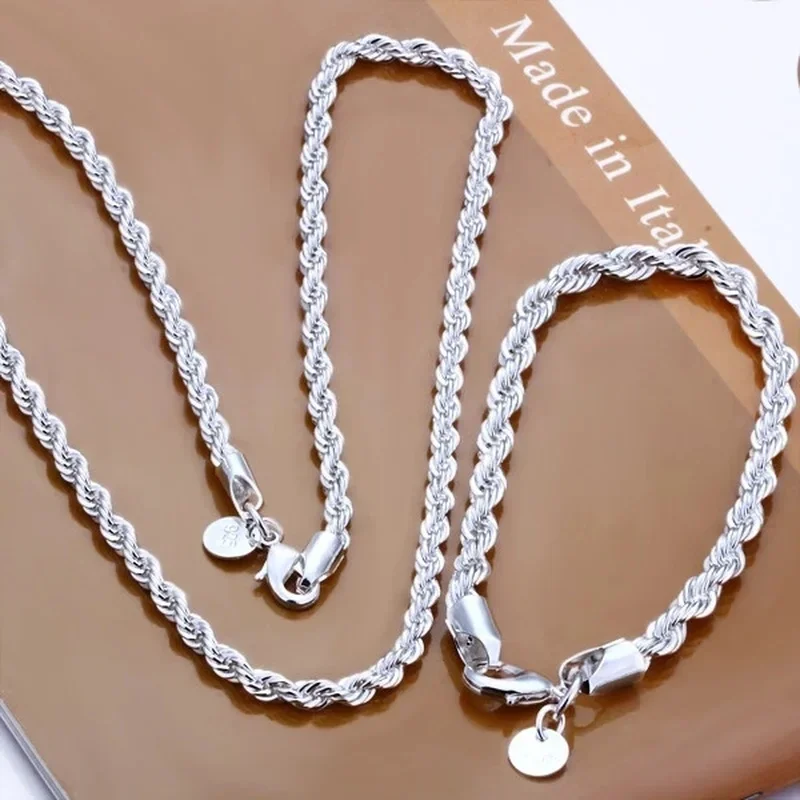 wysokiej jakości srebrny kolor 4MM kobiety mężczyźni łańcuch męski skręcony naszyjnik liny bransoletki moda srebrna biżuteria Zestaw — 2