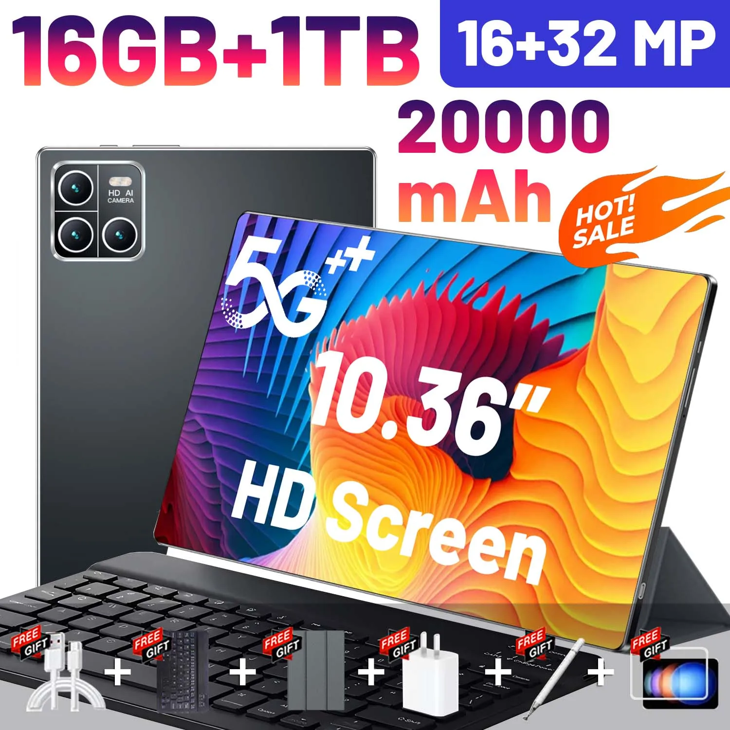Nouvelle tablette 5G mondiale 2025, 20000 mAh, 10 cœurs, 16 Go de RAM, 1 To de ROM, Android 13, écran HD 10,36 pouces, double appareil photo 16MP+32MP, double carte SIM