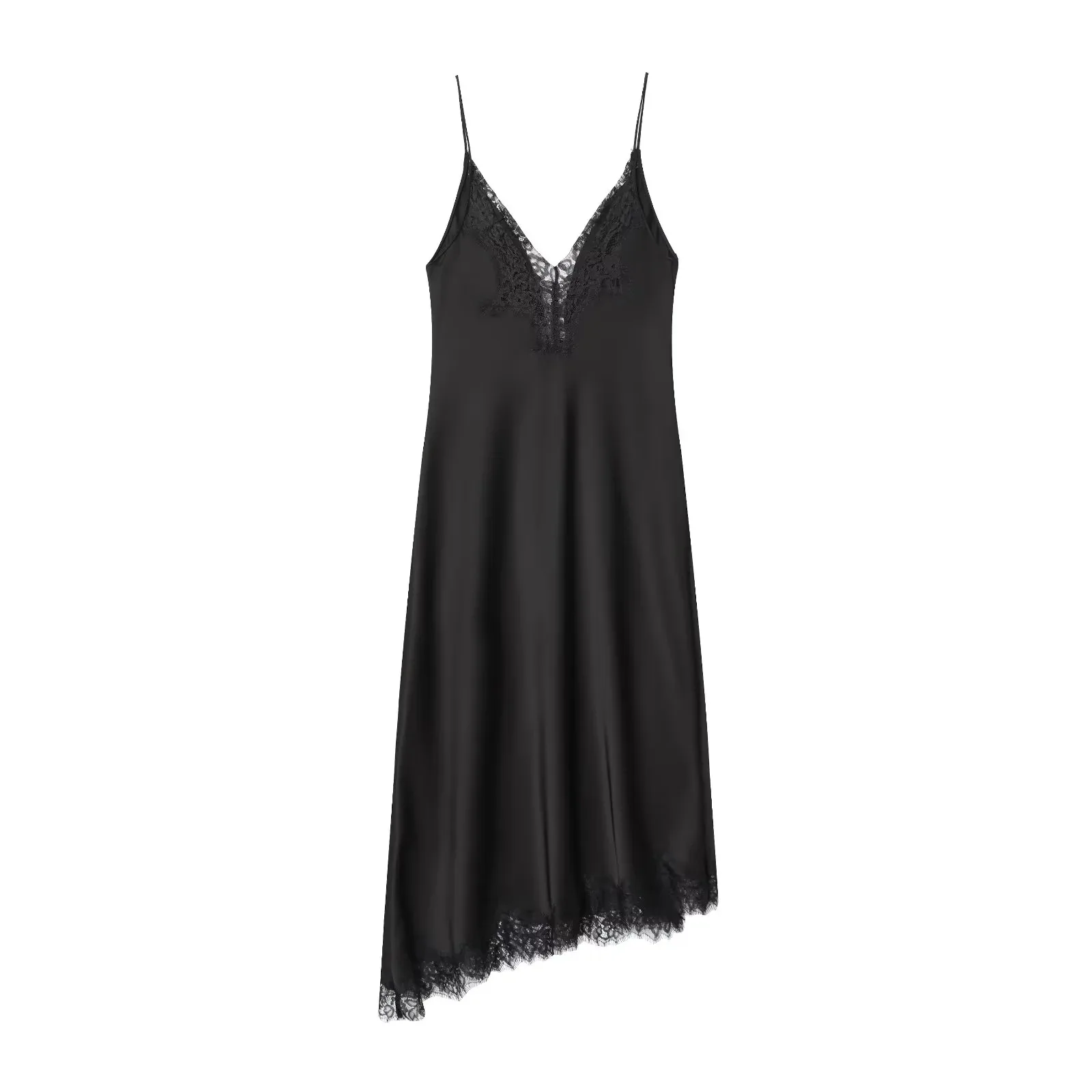 Abito sottoveste da donna sexy e alla moda asimmetrico con scollo a V bordato in pizzo, abito midi senza maniche, senza schienale, in raso