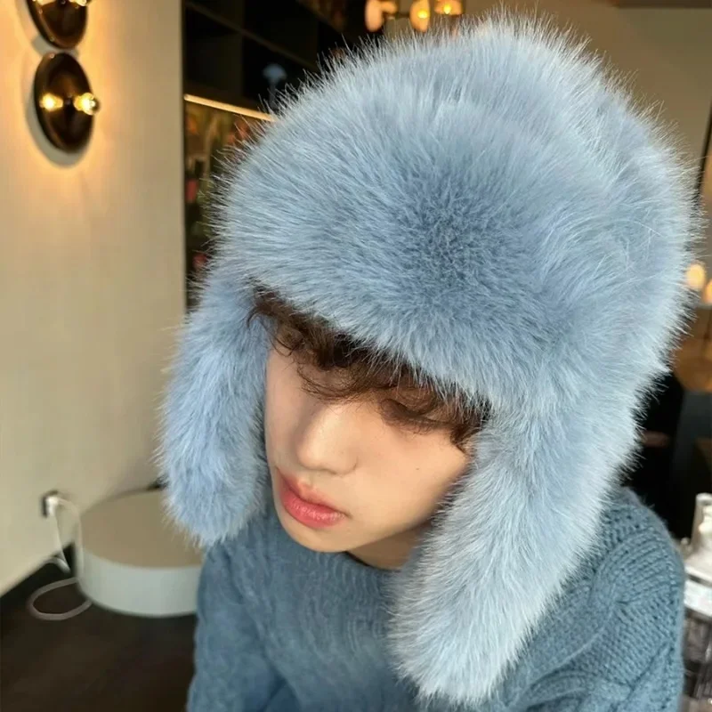 AliExpress NONE Fluffy Imitation Mink Fur Bomber Hats Men's Autumn and Winter Korean Version Plush Pilot Hat Female Ins Blogger Cycling Cold Hat