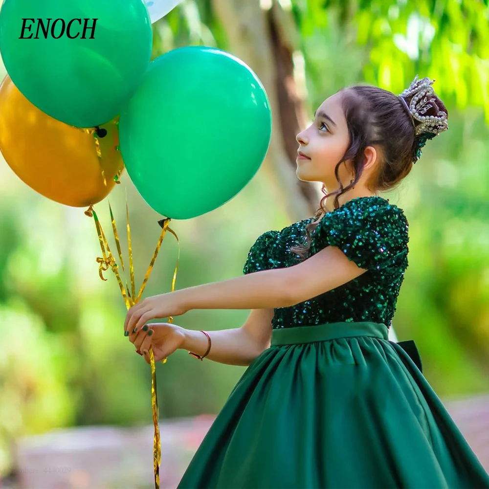 ENOCH Green Flower Girl Dresses O-Neck Sequined Short Sleeve Knee Length Satin Birthday Wedding Party Gowns Robe Princesse Fille