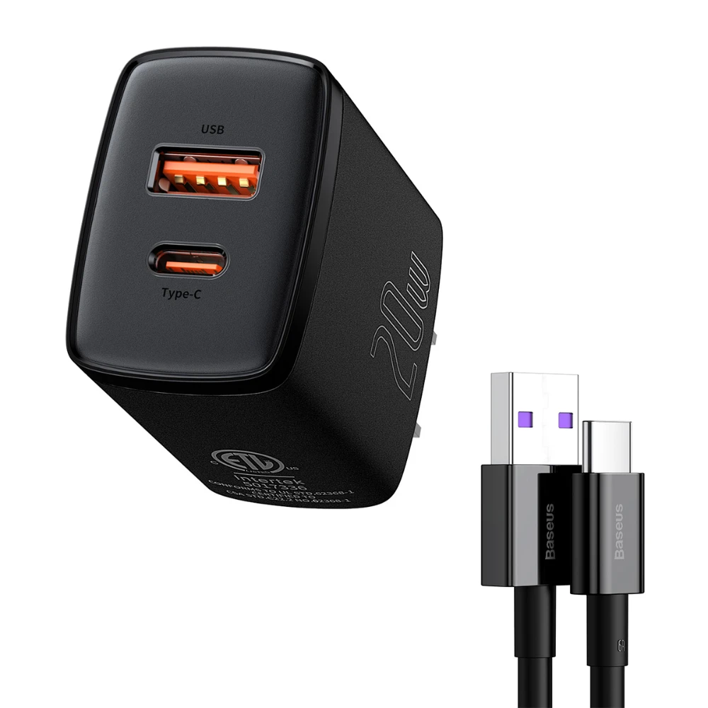 Baseus USB A + USB C 20W fast charger and USB-A Cable to Type-C 66W 1m