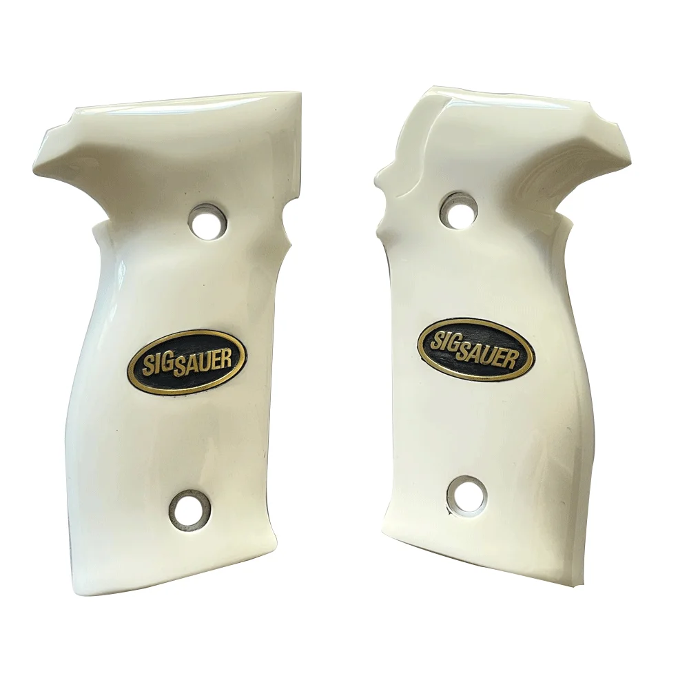 Salvatore White Acrylic Handle Grips for Sig Sauer P226 - Professional Grade Accessory with Gold Metal Logo