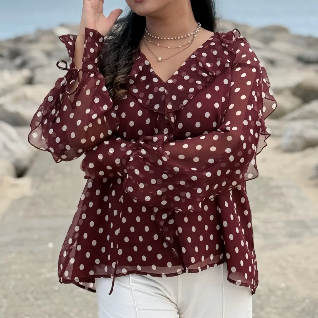 Womens Vintage Polka Dot Blouse V Neck Ruffle Edge Long Sleeve Chiffon Shirt Loose Casual Vacation Clubwear Elegant Tops