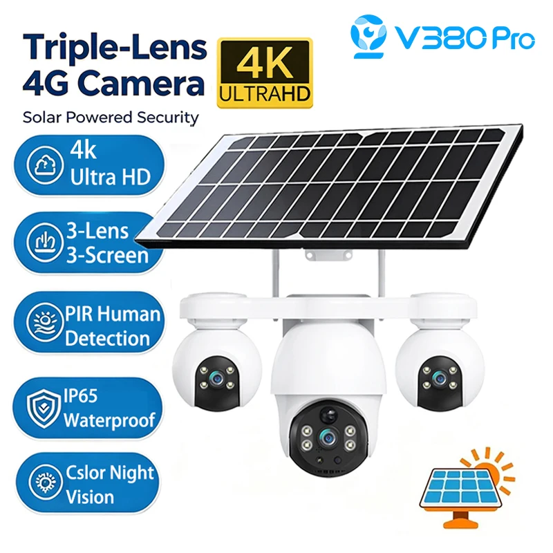 Telecamera Solare Off-Grid V380 Pro 4G LTE con Tripla Lente, PTZ Esterno con Tracciamento Automatico, Schermo Triplo 4K, Telecamera di Sorveglianza Resistente alle Intemperie