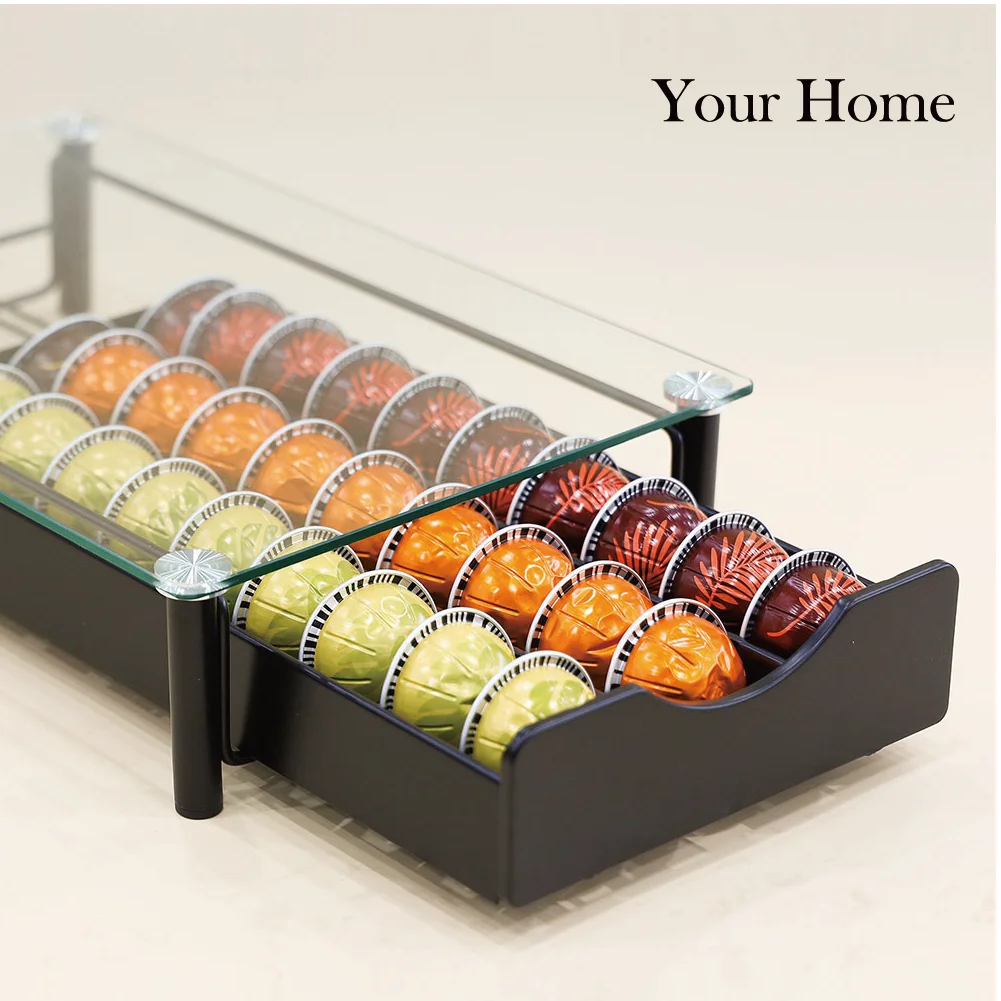 YourHome Coffee Pod Capsule Storage Glass Drawer 30 PCS Black Multi Capsule Compatiable Dispenser Holder