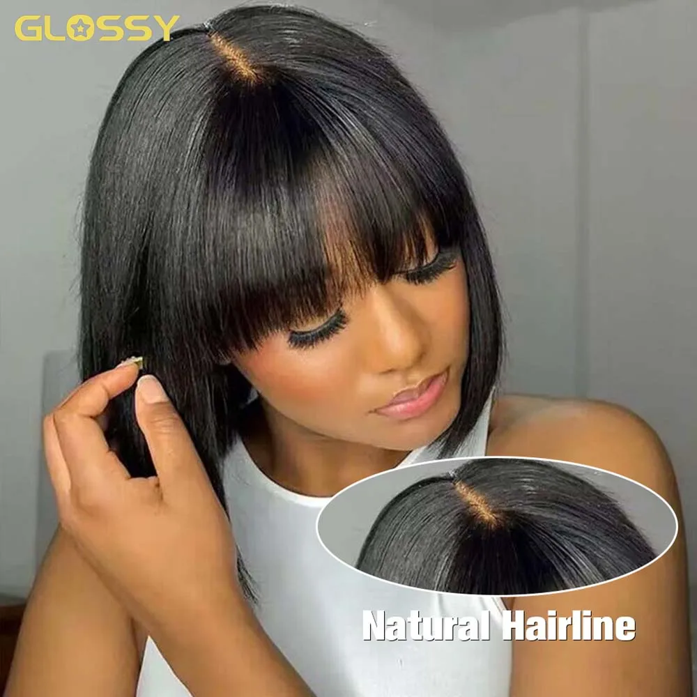 Short Bob Wig With Bangs no lace Wigs Human Hair Brazilian Straight Lace Front Wigs For Women Fringe Wig On Sale Halloween