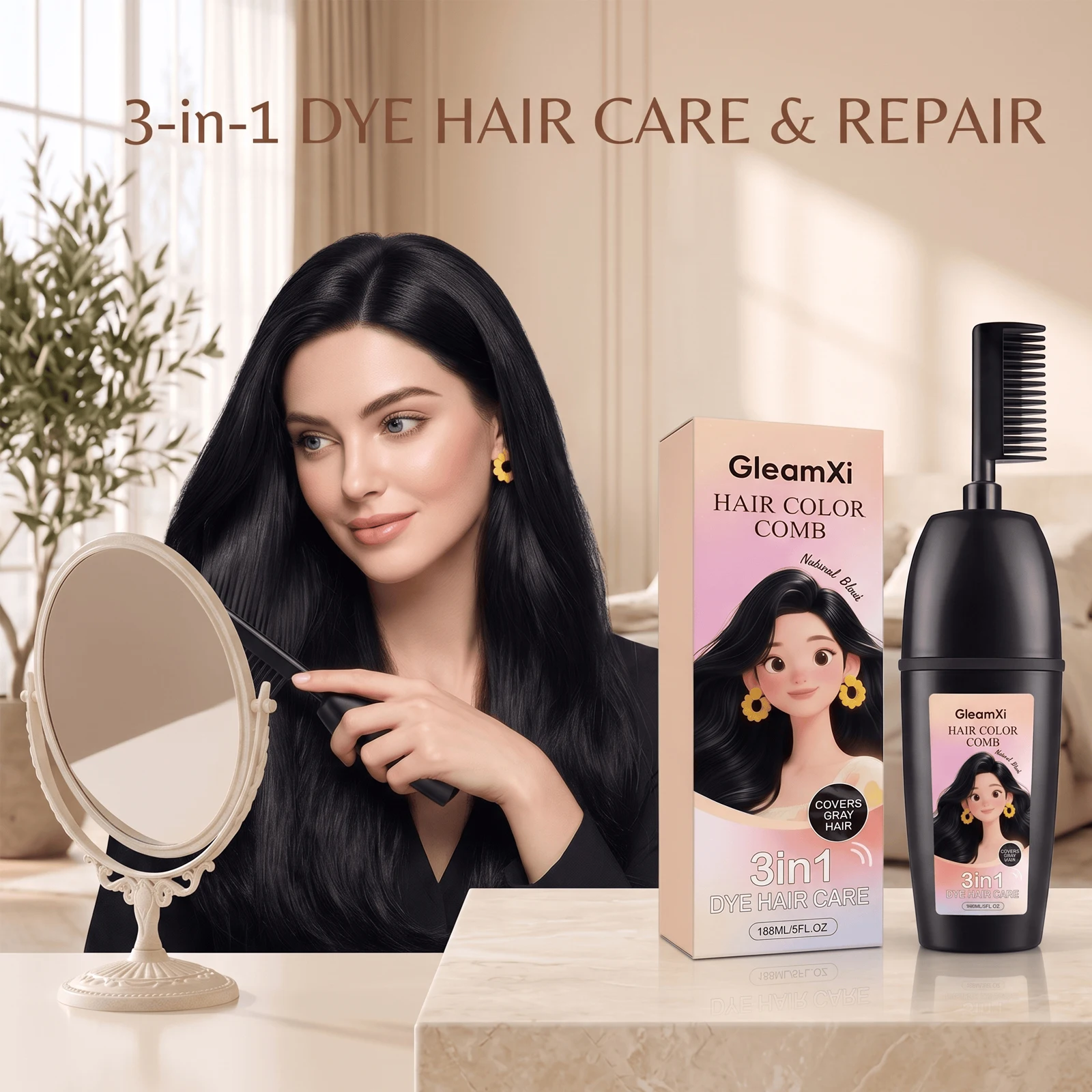 Herbal Hair Dye Comb 3-in-1 Quick Natural Plant Extract Deep Nourish Repair Roots Boost Vitality Long Lasting Mild Formula Gray Coverage Natural Hair Color Comb