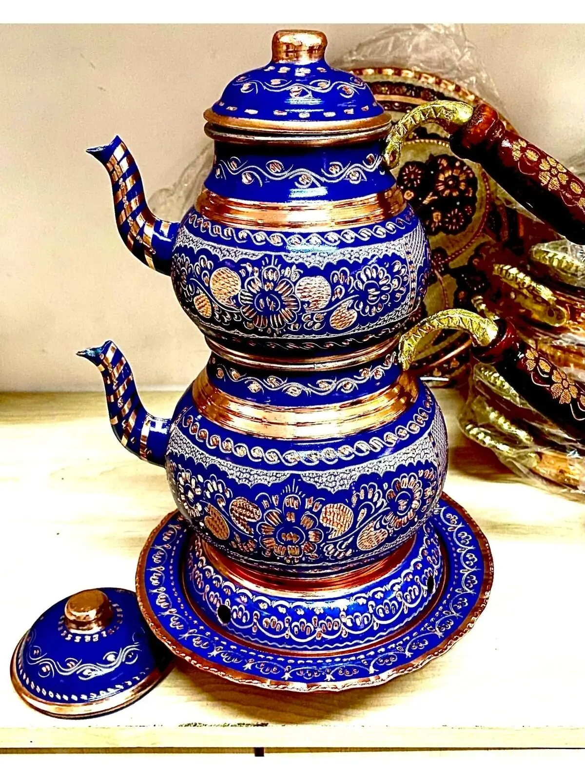 

Luxury blue gold teapot ethnic pattern copper teapots