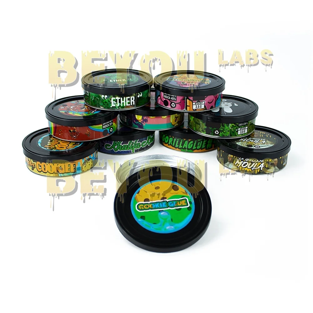3.5G Empty Tin Plate Storage Jar Plastic Lid Round Box Matte Laser Seal Sticker Custom Logo Reusable Press-it Black Display Box