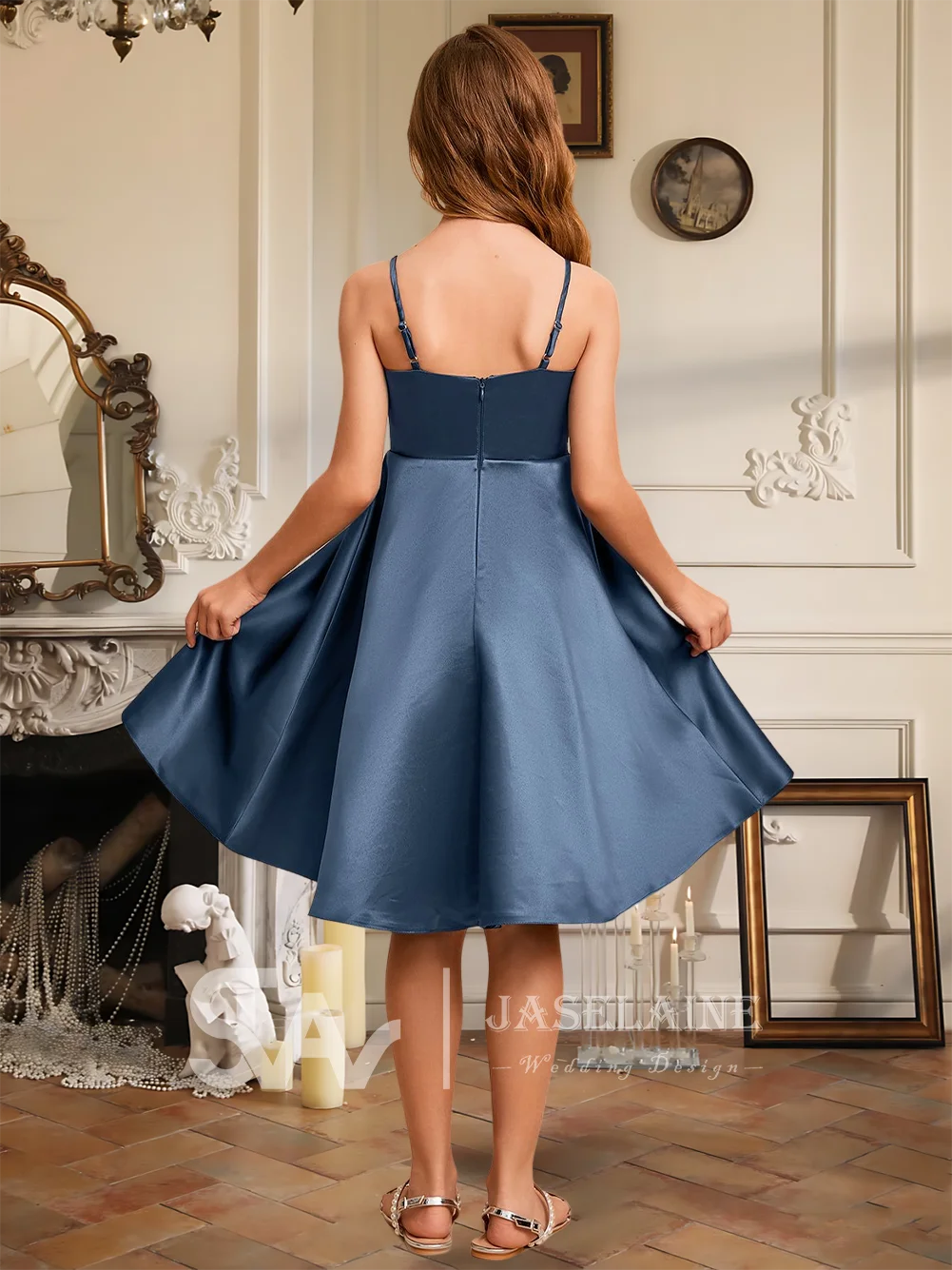 Elegante abito da damigella d'onore junior in raso al ginocchio con scollo a barchetta e spalline, abito da ragazza di fiori, festa per ragazze, matrimonio formale