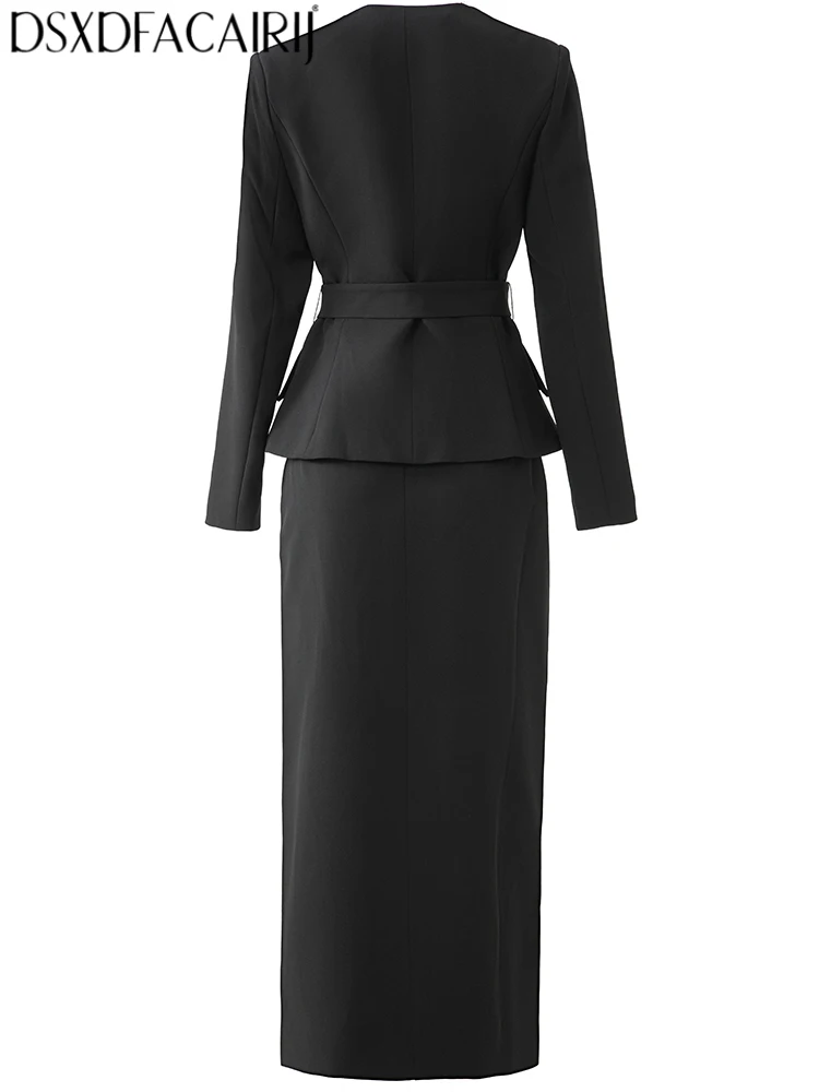 DSXDFACAIRIJ Women's O-Neck Long-sleeved Single Breasted Sashes Beading Decorate Spring Autumnal Office Lady Half Skirt 2-Piece
