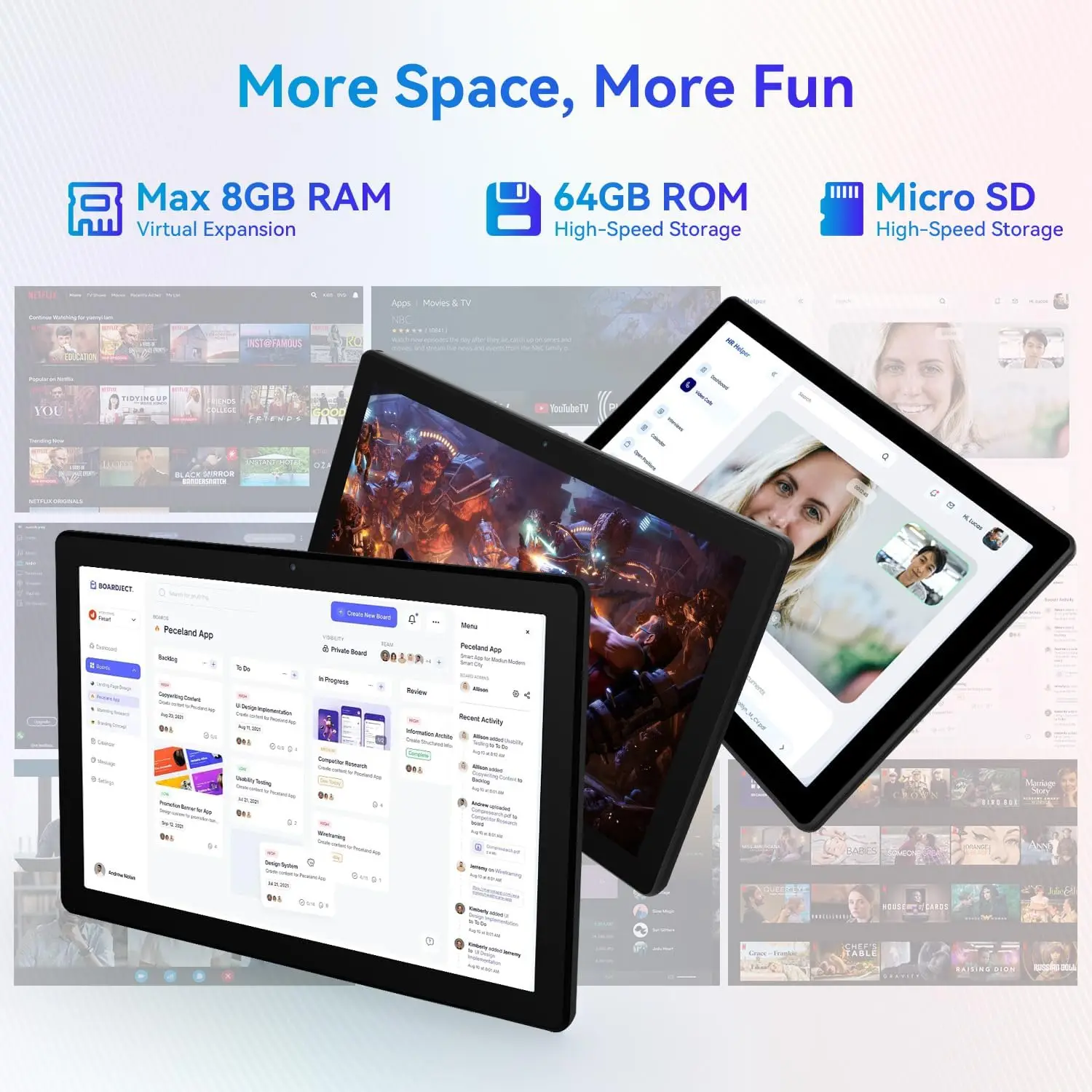 تابلت 10 بوصة يعمل بنظام Android 14 ثماني النواة بسعة 10 جيجابايت + 64 جيجابايت (توسيع إلى 1 تيرابايت) متوافق مع Widevine L1 WiFi 6 Bluetooth 5.3 وفتح الوجه