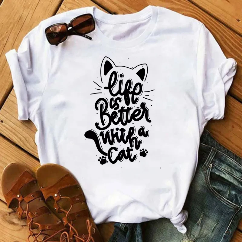 Life is Better With a Cat Summer T-Shirt Print Women's Hiohop Fashion O-neck Short Sleeve Tee Female Casual Y2K Tshirt Top S-213