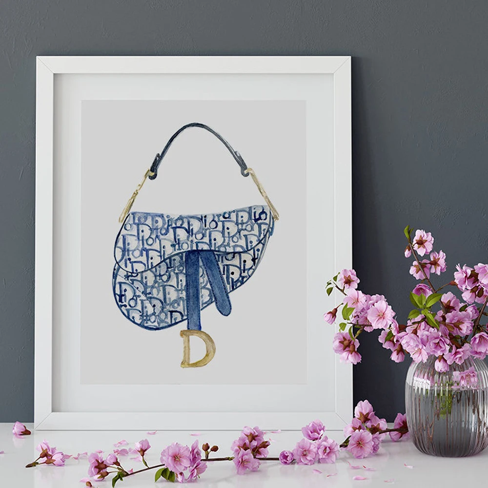 Modern Watercolor Iconic Fashion Blue Bag Canvas Painting Posters and Prints Luxury Bag for Women Room Wall Art Picture Decor