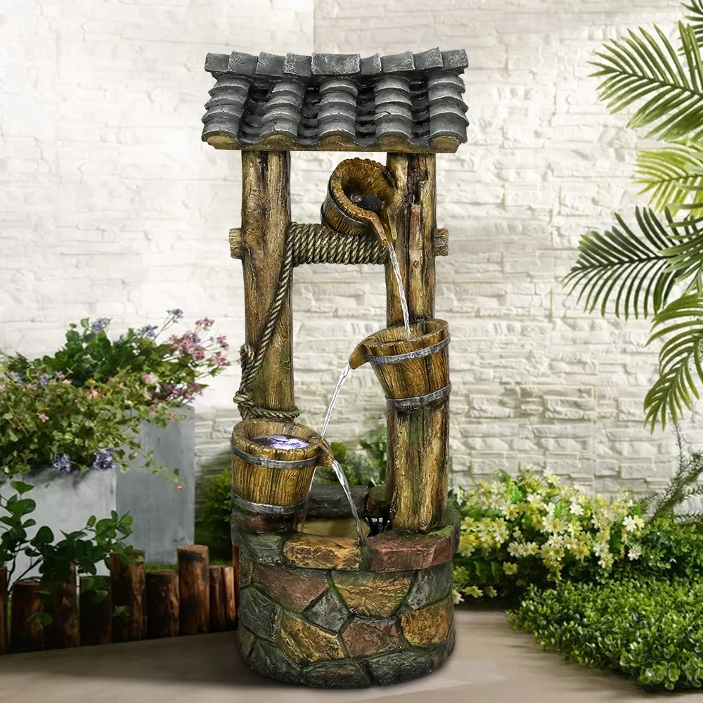 

Wishing Well Fountain, 39.3" H Outdoor Fountain - Outdoor Cascading Fountain with Bucket Pump and Lights for Outdoor Decoration