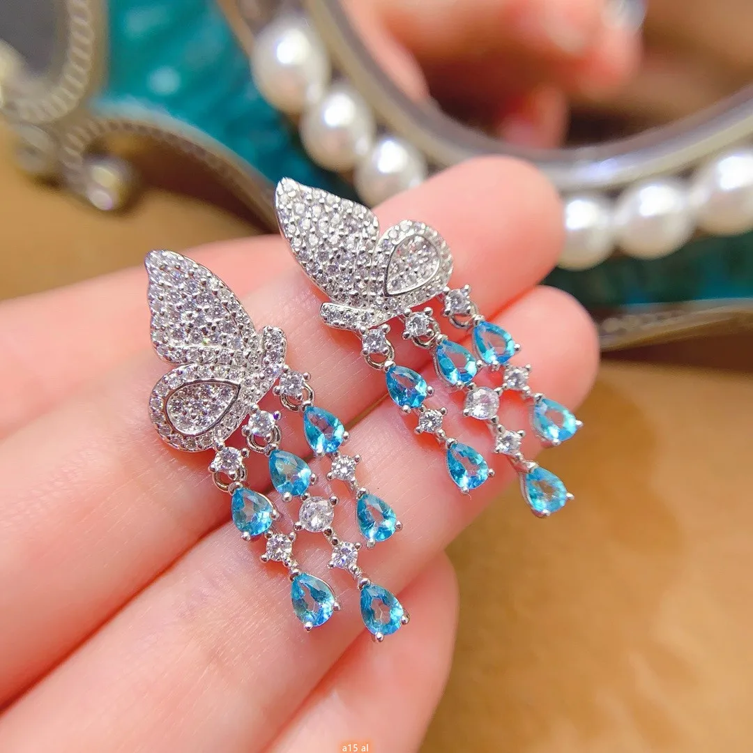 

Boutique Jewelry Natural Swiss Blue Topaz Gemstone 4x3mm Female Butterfly Earrings 925 Pure Silver Gift for Girlfriend Birthday,